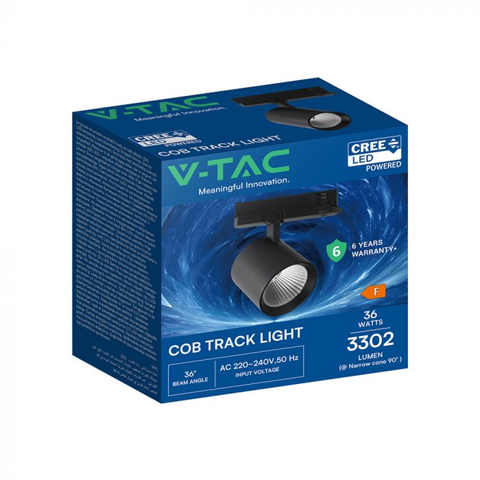 36W(3302Lm) LED COB-CREE Chip 4 joslu sliežu gaismeklis, IP20, V-TAC, melns, silti balta gaisma 3000K