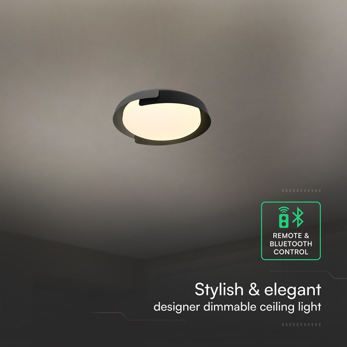 48W(5760Lm) LED dekoratīvs griestu gaismeklis, V-TAC VT-84020, IP20, melns/koka raksts, Ø500x80mm, 220–260V, 120°, Bluetooth un tālvadība, dimmējams, 2 gadu garantija, CCT 3000K/4000K/6000K