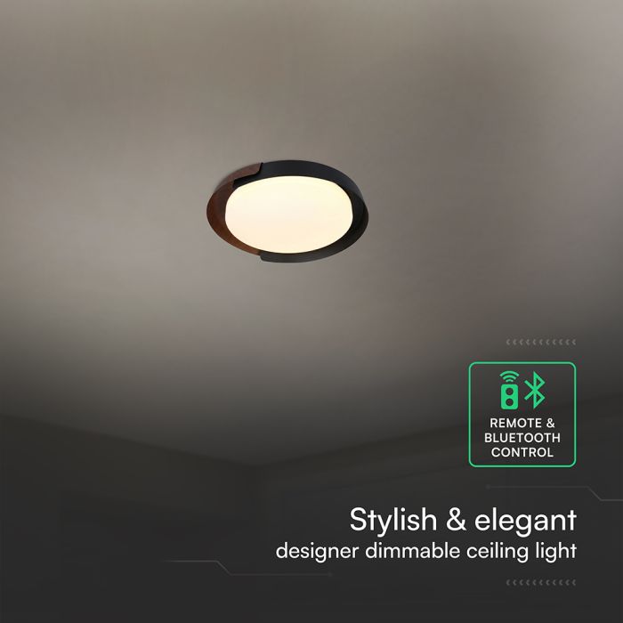 48W(5760Lm) LED dekoratīvs griestu gaismeklis, V-TAC VT-84020, SMD, IP20, balts/koka raksts, Ø500x80mm, 220–260V, 120°, Bluetooth un tālvadība, dimmējams, 2 gadu garantija, CCT 3000K/4000K/6000K