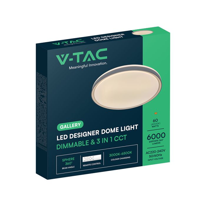 30W/60W/30W(6000Lm) LED dekoratīvs griestu gaismeklis, V-TAC VT-85031-G, SMD, IP20, pelēks, Ø480x57,6mm, 220–240V, 120°, tālvadības pults, dimmējams, 2 gadu garantija, CCT 3000K/4000K/6500K