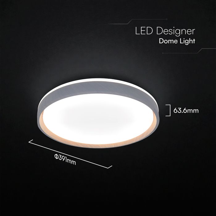 20W/40W/20W(4000Lm) LED dizaina griestu gaismeklis, V-TAC VT-85035, SMD, IP20, IK03, koka imitācija, Ø391x63,6mm, 220–240V, 120°, tālvadība līdz 5m, dimmējams, 2 gadu garantija, CCT