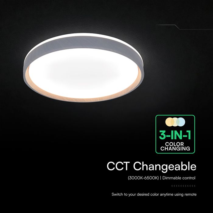 20W/40W/20W(4000Lm) LED dizaina griestu gaismeklis, V-TAC VT-85035, SMD, IP20, IK03, koka imitācija, Ø391x63,6mm, 220–240V, 120°, tālvadība līdz 5m, dimmējams, 2 gadu garantija, CCT