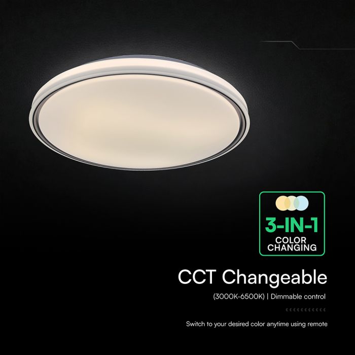 60W(6000Lm) LED dizaina griestu gaismeklis, V-TAC VT-85033, SMD, IP20, melns, Ø495x72,2mm, 220–240V, 120°, tālvadība līdz 5m, dimmējams, 2 gadu garantija, regulējama gaisma 3000K/4000K/6500K