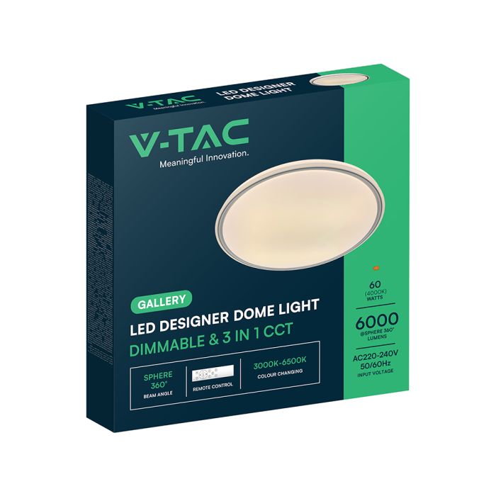 30W/60W/30W(6000Lm) LED dizaina griestu gaismeklis, V-TAC VT-85033, SMD, IP20, IK03, balts/pelēks, Ø495x72,2mm, 220–240V, 120°, tālvadība līdz 5m, dimmējams, 2 gadu garantija, CCT 3000K/4000K/6500K