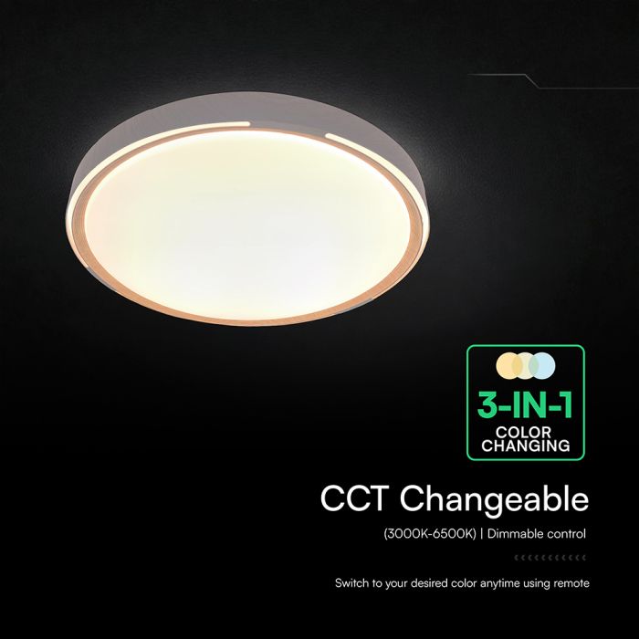 30W/60W/30W(6000Lm) LED dizaina griestu gaismeklis, V-TAC VT-85034, SMD, IP20, koka imitācija, Ø486x67,1mm, 220–240V, 120°, tālvadība līdz 5m, dimmējams, 2 gadu garantija, CCT 3000K/4000K/6500K