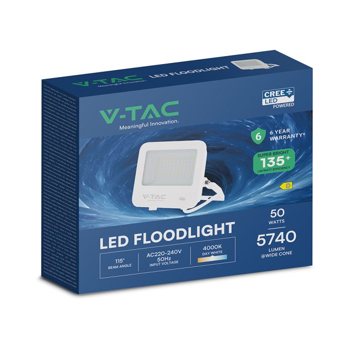 50W(6750Lm) 135LM/W LED CREE prožektors bez kustību sensora, V-TAC, IP65, garantija 6 gadi, balts, neitrāli balta gaisma 4000K