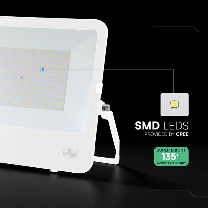 200W(27000Lm) 135LM/W LED CREE prožektors bez kustību sensora, V-TAC, IP65, garantija 6 gadi, balts korpuss, neitrāli balta gaisma 4000K