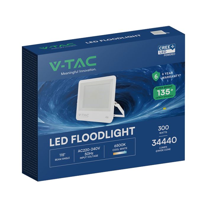 300W(40500Lm) LED prožektors, V-TAC VT-44003-W, CREE SMD, IP65, IK05, balts korpuss ar pelēku stiklu, 498x48x411,6mm, 220–240V, 115°, 135Lm/W, 1m kabelis, 6 gadu garantija, auksti balta gaisma 6500K