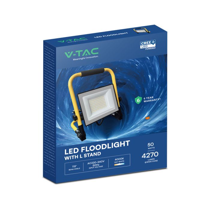50W(5000Lm) LED darba prožektors, V-TAC VT-44049, CREE SMD, 100Lm/W, IP65, melns/dzeltens, 236,2x57x300mm, 3m kabelis, ES kontaktdakša, 6 gadu garantija, neitrāli balta gaisma 4000K
