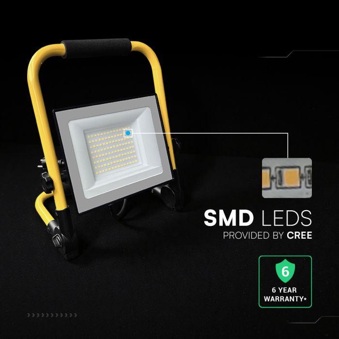 50W(5000Lm) LED darba prožektors, V-TAC VT-44049, CREE SMD, 100Lm/W, IP65, melns/dzeltens, 236,2x57x300mm, 3m kabelis, ES kontaktdakša, 6 gadu garantija, neitrāli balta gaisma 4000K