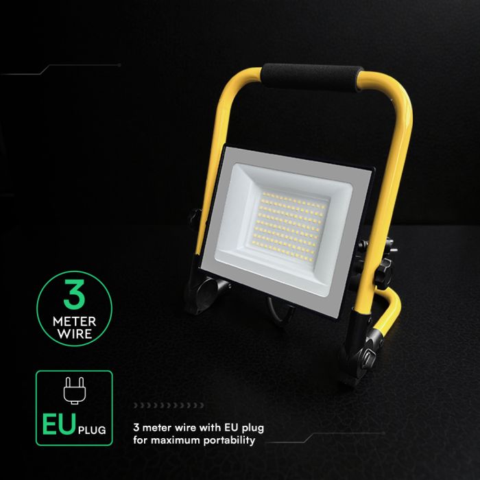 50W(5000Lm) LED darba prožektors, V-TAC VT-44049, CREE SMD, 100Lm/W, IP65, melns/dzeltens, 236,2x57x300mm, 3m kabelis, ES kontaktdakša, 6 gadu garantija, neitrāli balta gaisma 4000K