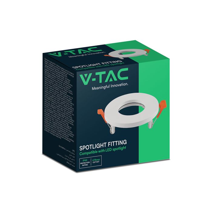 V-TAC VT-4201 padziļināts apaļš GU10 gaismekļa ietvars, alumīnijs, balts, IP44, Ø85x33mm, montāžas atvere Ø75mm, 3 gadu garantija