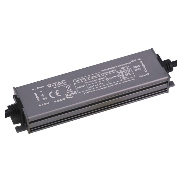 36W 1.5A 24V LED barošanas bloks, V-TAC, IP67, metāla