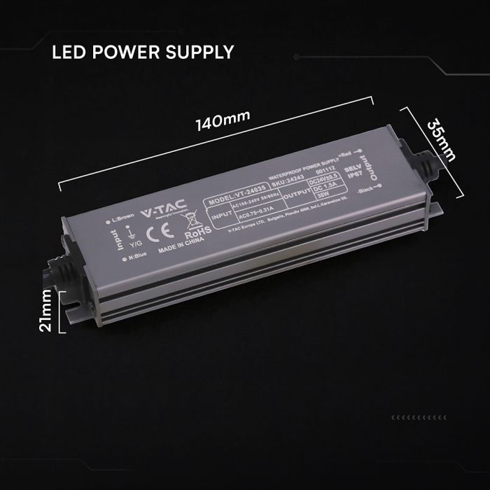 36W 1.5A 24V LED barošanas bloks, V-TAC, IP67, metāla
