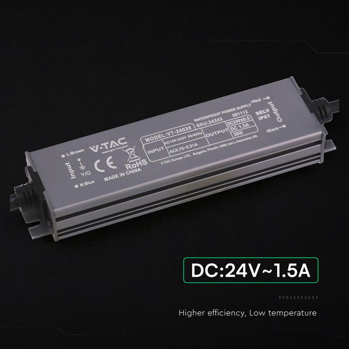 36W 1.5A 24V LED barošanas bloks, V-TAC, IP67, metāla
