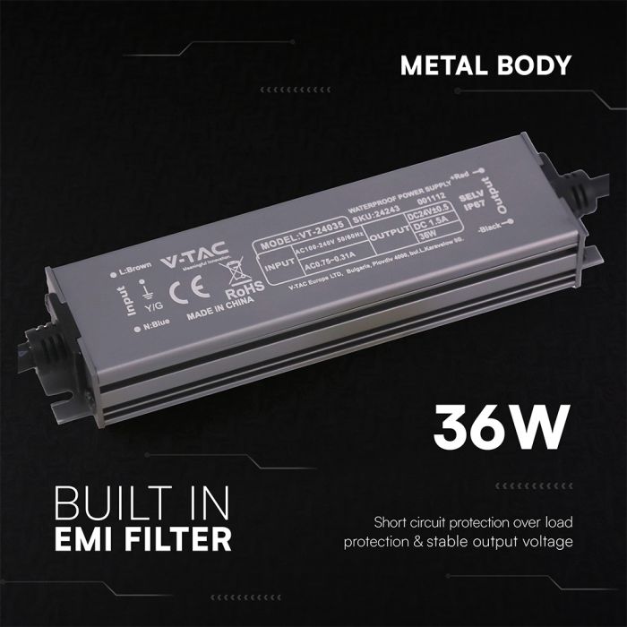 36W 1.5A 24V LED barošanas bloks, V-TAC, IP67, metāla