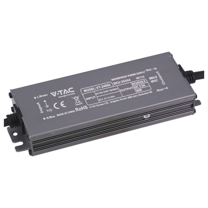 60W 2.5A 24V LED barošanas bloks, V-TAC, IP67, metāla