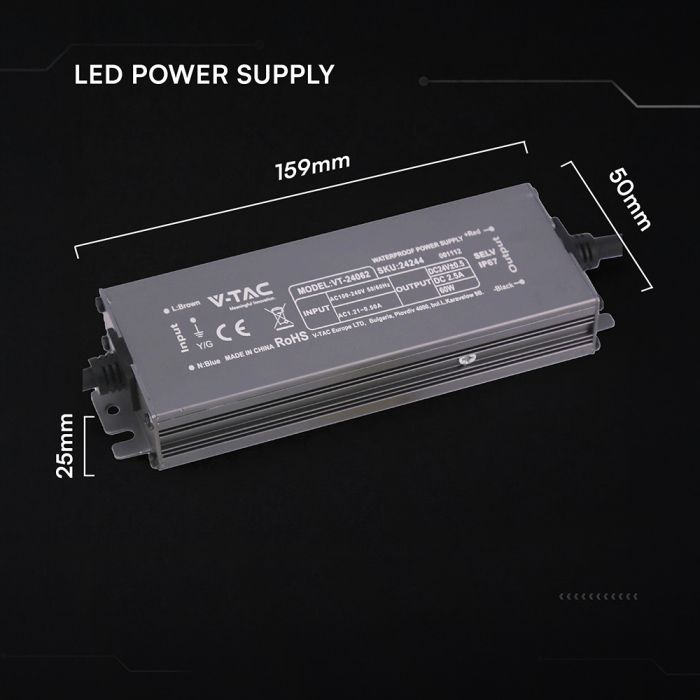 60W 2.5A 24V LED barošanas bloks, V-TAC, IP67, metāla
