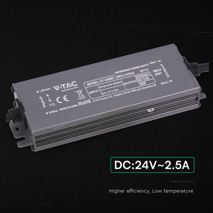 60W 2.5A 24V LED barošanas bloks, V-TAC, IP67, metāla