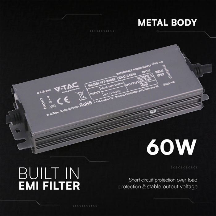 60W 2.5A 24V LED barošanas bloks, V-TAC, IP67, metāla