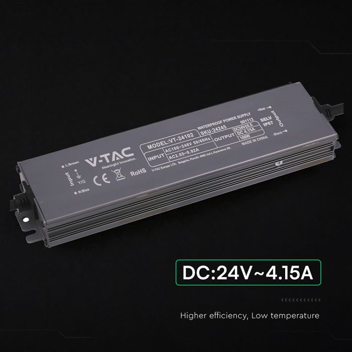 100W 4.15A 24V LED barošanas bloks, V-TAC, IP67, metāla
