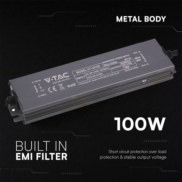 100W 4.15A 24V LED barošanas bloks, V-TAC, IP67, metāla