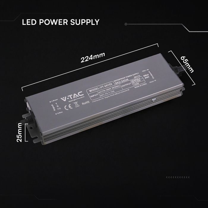 150W 6.25A 24V LED barošanas bloks, V-TAC, IP67, metāla