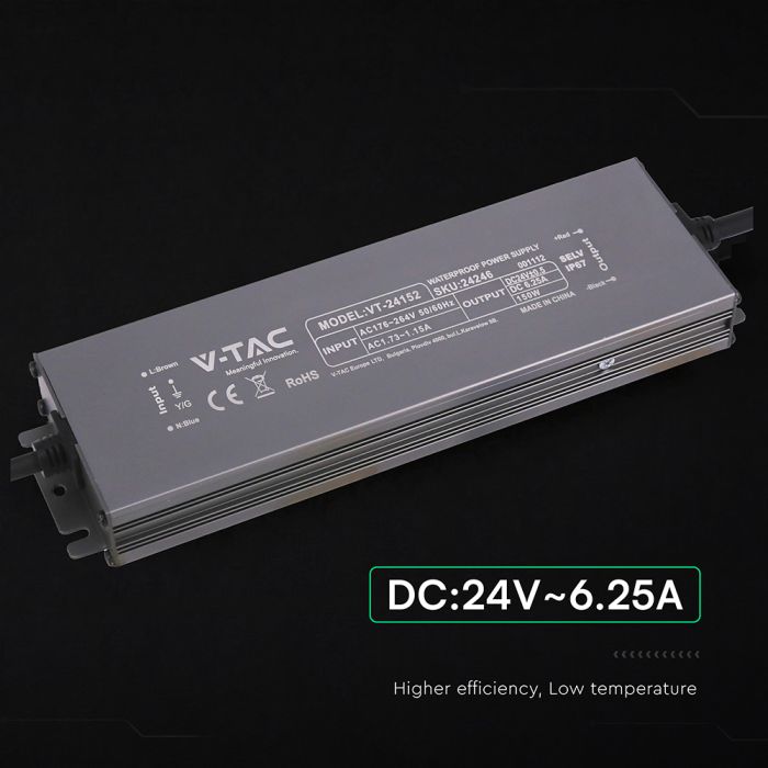 150W 6.25A 24V LED barošanas bloks, V-TAC, IP67, metāla