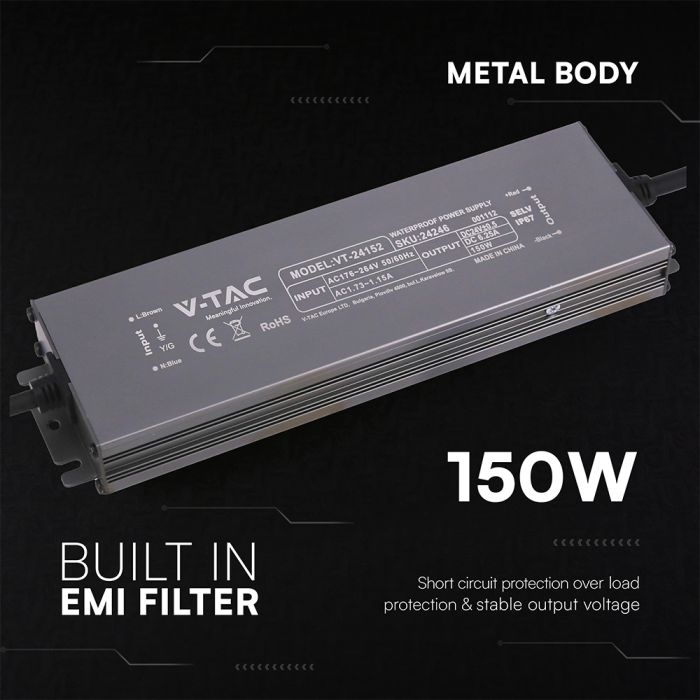 150W 6.25A 24V LED barošanas bloks, V-TAC, IP67, metāla