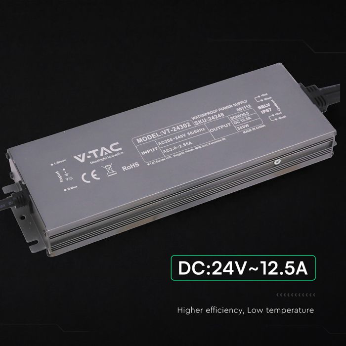 300W 12.5A 24V LED barošanas bloks, V-TAC, IP67, metāla