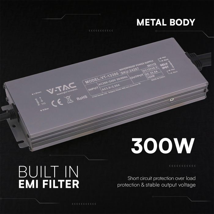 300W 12.5A 24V LED barošanas bloks, V-TAC, IP67, metāla