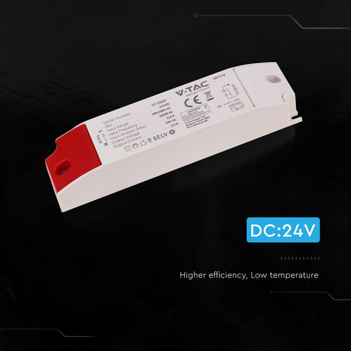 V-TAC LED barošanas bloks 36 W, 24 V, 1,5 A plastmasas korpusā ar IP44 aizsardzību