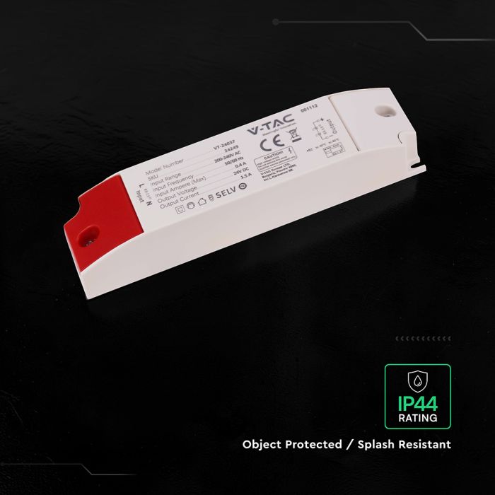 V-TAC LED barošanas bloks 36 W, 24 V, 1,5 A plastmasas korpusā ar IP44 aizsardzību
