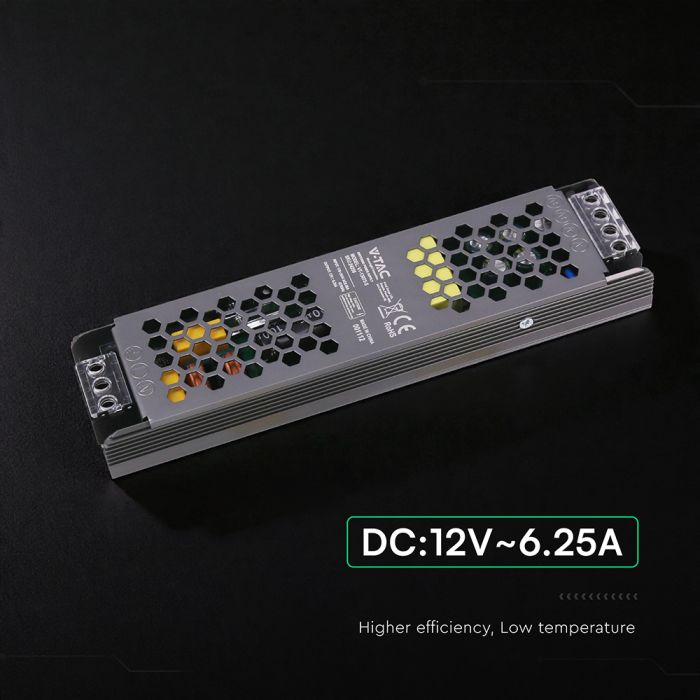 75W 6.25A 12V LED barošanas bloks, V-TAC, IP20, metāla