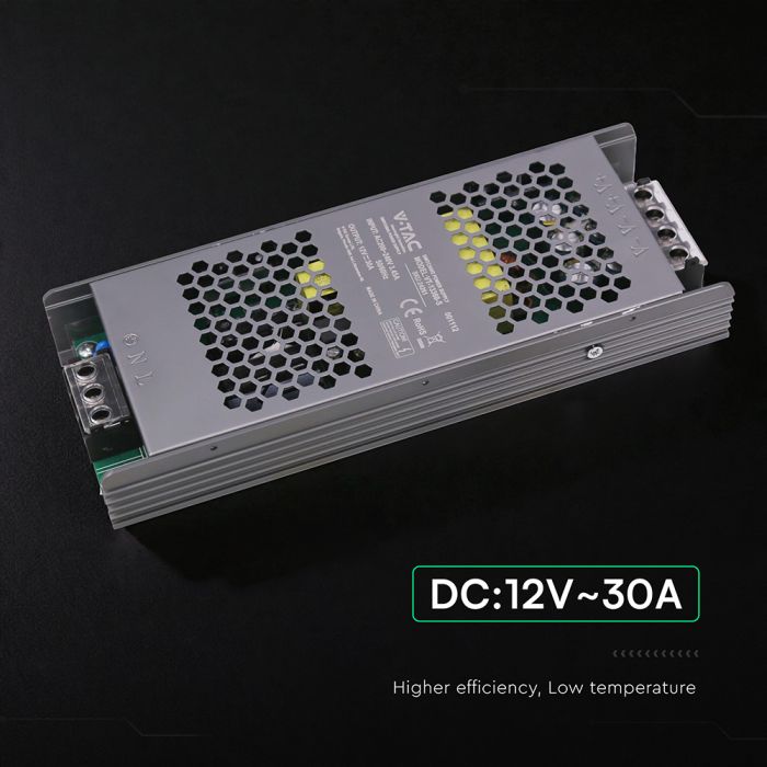 V-TAC Plāns LED barošanas bloks 360 W, 12 V, 30 A ar metāla korpusu un IP20 aizsardzību