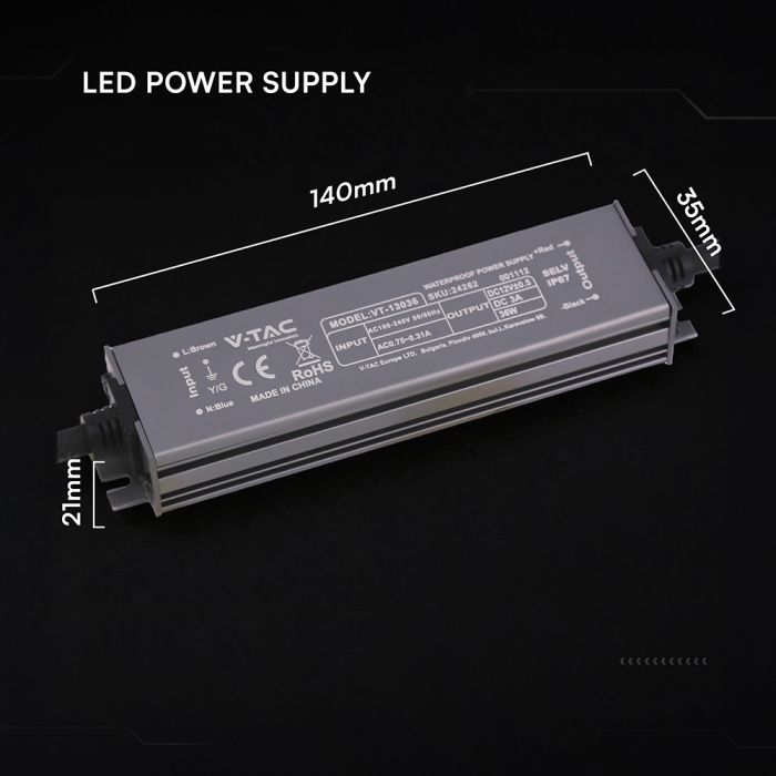 12V 36W LED barošanas bloks, V-TAC, IP67, metāla