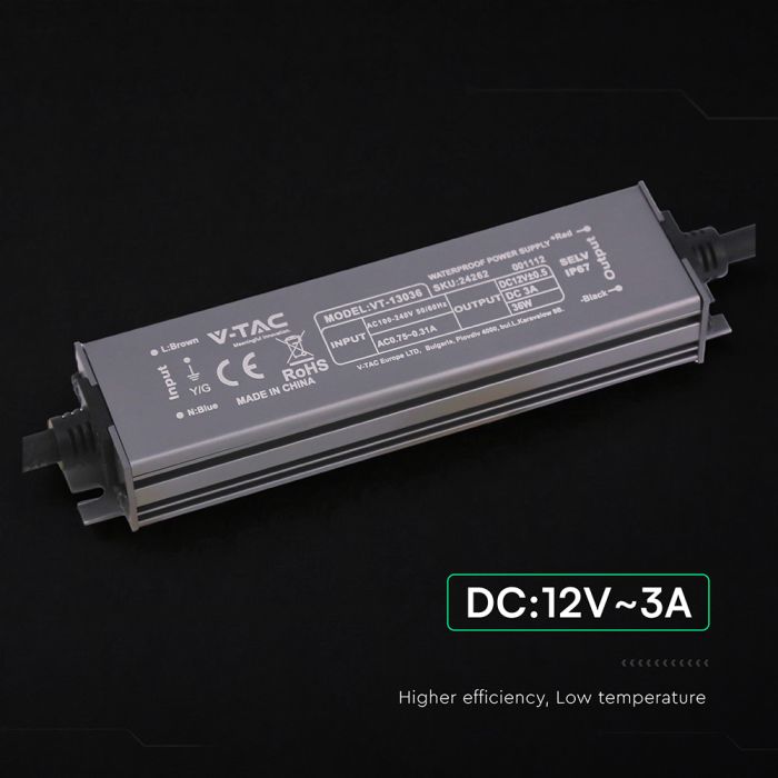 12V 36W LED barošanas bloks, V-TAC, IP67, metāla