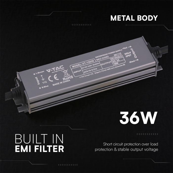 12V 36W LED barošanas bloks, V-TAC, IP67, metāla