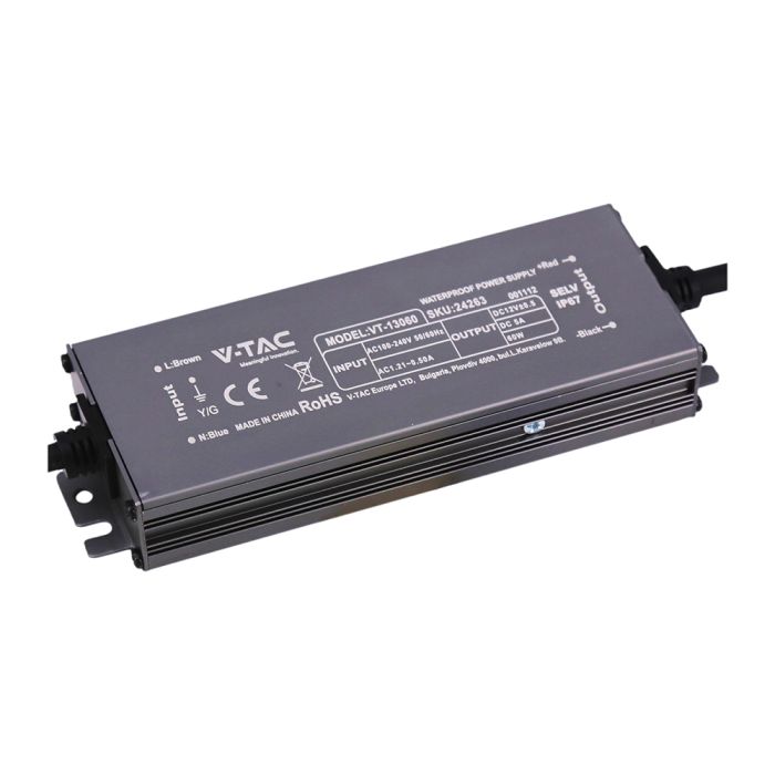 V-TAC VT-13060 60W LED barošanas bloks, 12V DC, 5A, 100–240V AC, IP67, metāla korpuss, 159x50x25mm, 2 gadu garantija