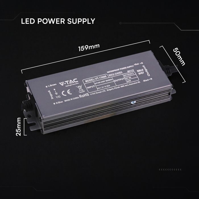 V-TAC VT-13060 60W LED barošanas bloks, 12V DC, 5A, 100–240V AC, IP67, metāla korpuss, 159x50x25mm, 2 gadu garantija