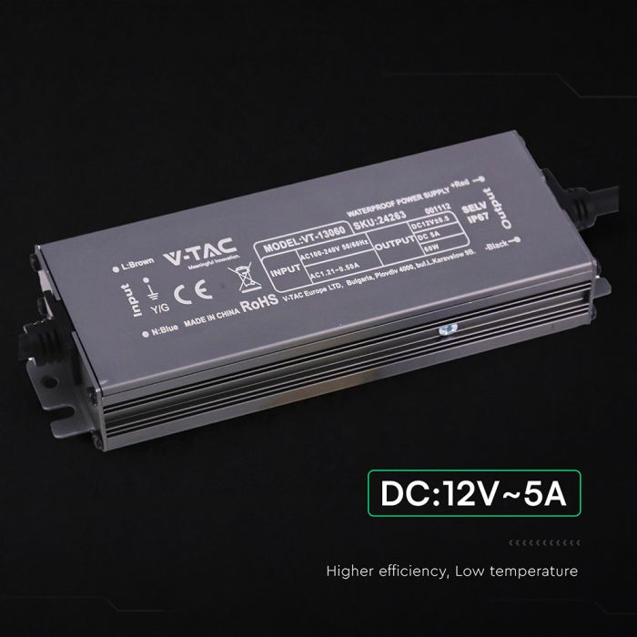 V-TAC VT-13060 60W LED barošanas bloks, 12V DC, 5A, 100–240V AC, IP67, metāla korpuss, 159x50x25mm, 2 gadu garantija