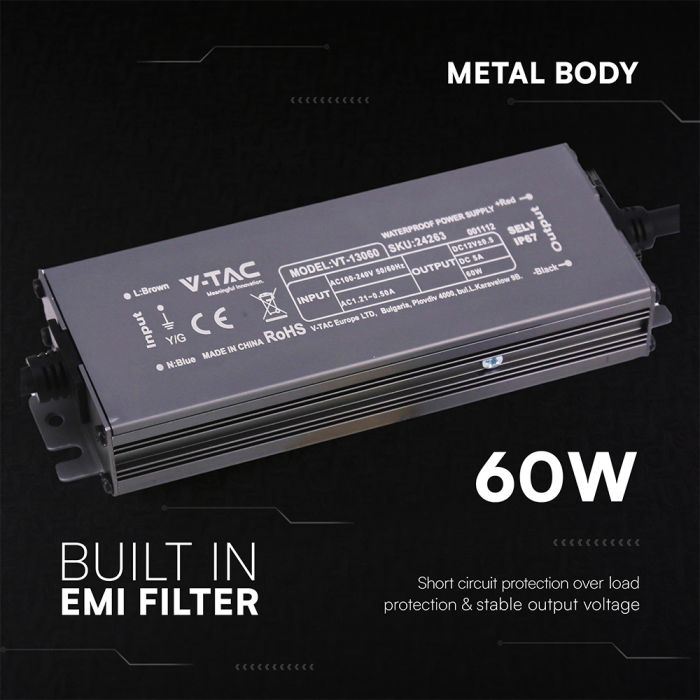 V-TAC VT-13060 60W LED barošanas bloks, 12V DC, 5A, 100–240V AC, IP67, metāla korpuss, 159x50x25mm, 2 gadu garantija