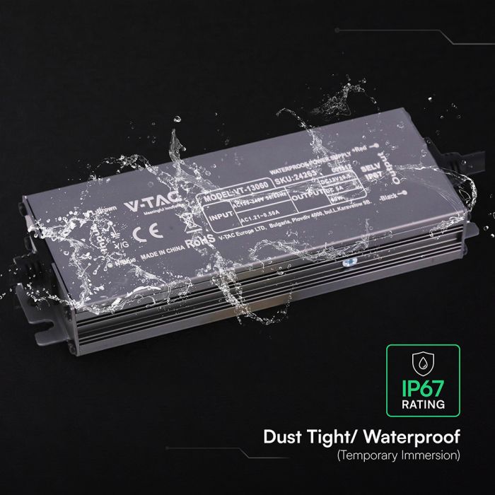 V-TAC VT-13060 60W LED barošanas bloks, 12V DC, 5A, 100–240V AC, IP67, metāla korpuss, 159x50x25mm, 2 gadu garantija