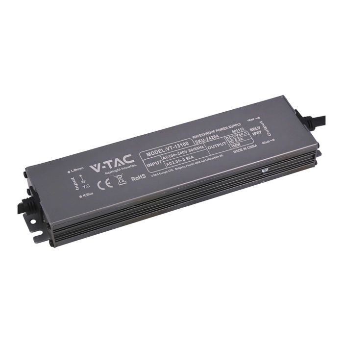 V-TAC VT-13100 100W LED barošanas bloks, 12V DC, 8,3A, 100–240V AC, IP67, metāla korpuss, 219x50x25mm, 2 gadu garantija