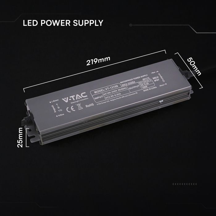 V-TAC VT-13100 100W LED barošanas bloks, 12V DC, 8,3A, 100–240V AC, IP67, metāla korpuss, 219x50x25mm, 2 gadu garantija