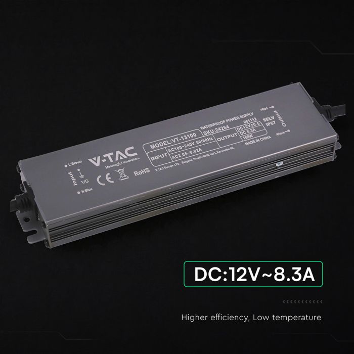 V-TAC VT-13100 100W LED barošanas bloks, 12V DC, 8,3A, 100–240V AC, IP67, metāla korpuss, 219x50x25mm, 2 gadu garantija
