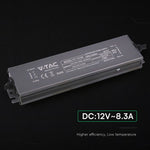 V-TAC VT-13100 100W LED barošanas bloks, 12V DC, 8,3A, 100–240V AC, IP67, metāla korpuss, 219x50x25mm, 2 gadu garantija