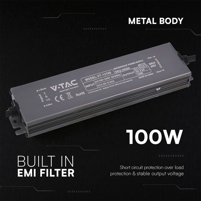 V-TAC VT-13100 100W LED barošanas bloks, 12V DC, 8,3A, 100–240V AC, IP67, metāla korpuss, 219x50x25mm, 2 gadu garantija