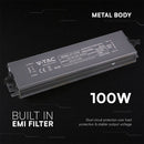 V-TAC VT-13100 100W LED barošanas bloks, 12V DC, 8,3A, 100–240V AC, IP67, metāla korpuss, 219x50x25mm, 2 gadu garantija