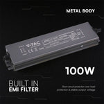 V-TAC VT-13100 100W LED barošanas bloks, 12V DC, 8,3A, 100–240V AC, IP67, metāla korpuss, 219x50x25mm, 2 gadu garantija